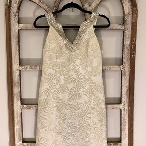 Lilly Pulitzer Valli Shift Dress Resort White Palm Jacquard Gold SZ 2 Like New!